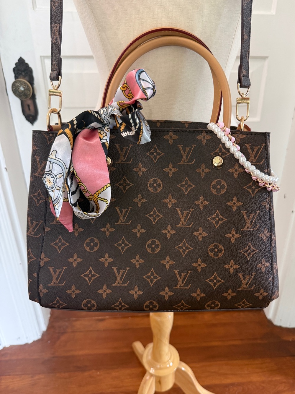 Monogram Canvas Satchel with Pink Scarf and Pearl Accent